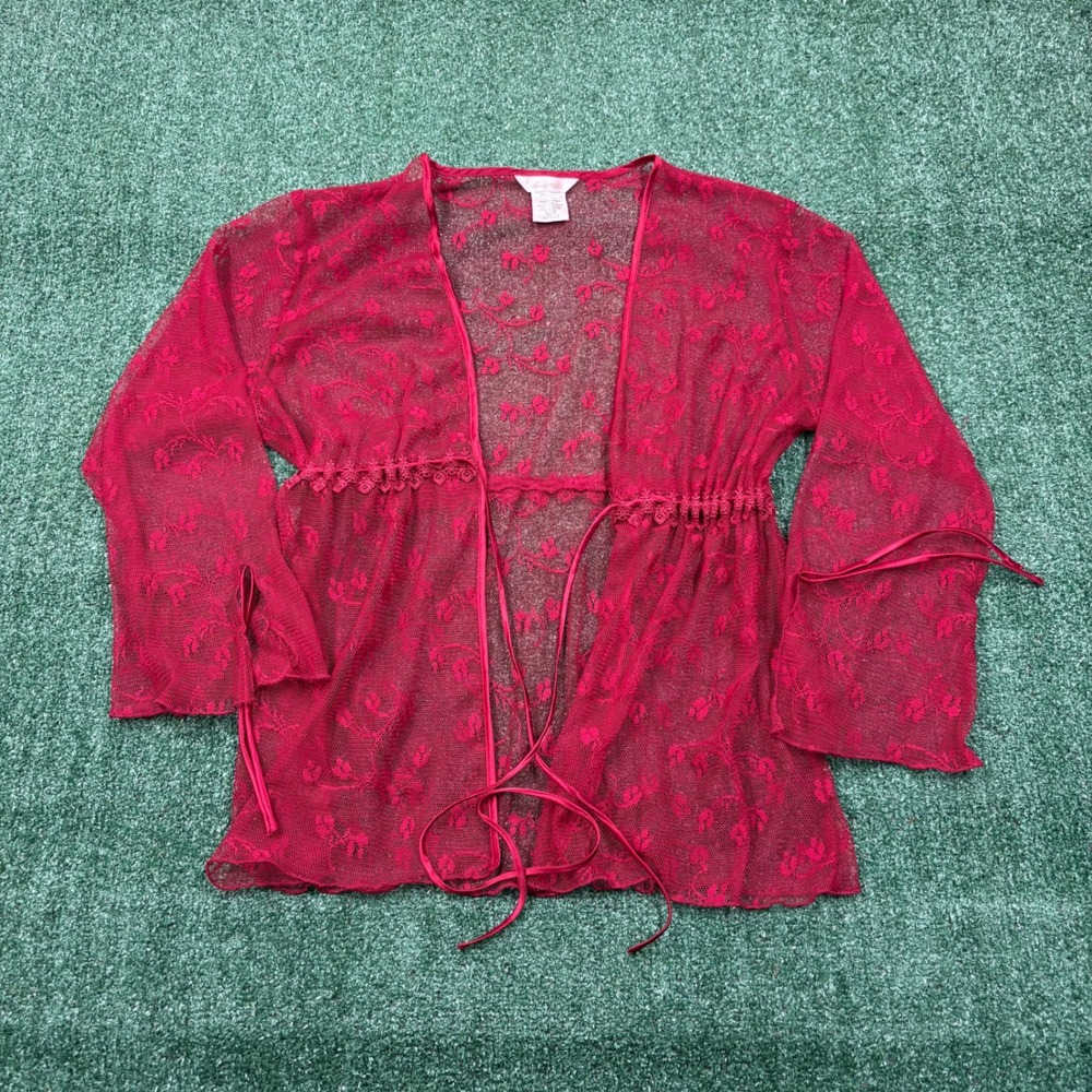 Y2K Secret Treasures Red Lace Sheer Tie Front Cardigan Top